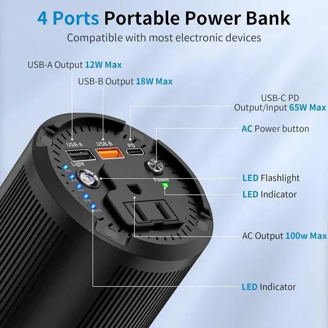Alt view image 2 of 7 - Tactical Black Portable Power Bank with High Density Aluminum, 100W AC Outlet, 98Wh/27000mAh & 65W PD USB C - Premium Laptop Charger for MacBook Pro, TSA Approved