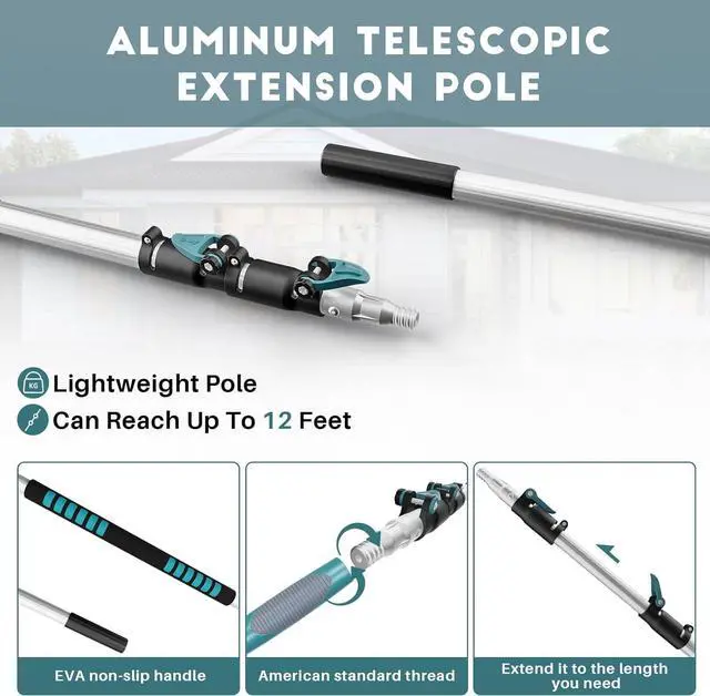 Alt view image 2 of 7 - 20 Foot High Reach Duster Kit with 5-12FT Extension Pole High Ceiling Dusting and Window Cleaning Kit with Telescopic Pole Window Washer&Squeegee,Cobweb Duster,Fan Duster and Feather Duster