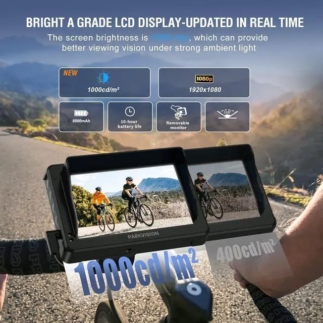 Alt view image 2 of 7 - Handlebar Bike Mirror, Bicycle Rear View Camera with Anti-Glare Sunshade, 4.3'' HD 1080P Monitor, 8000mah Battery, 120° Wide Angle View, Bike Camera for Mountain,Ebike,Road Bike