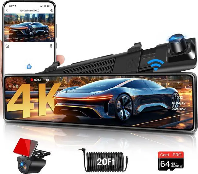 Main image of WiFi 4K Rear View Mirror Camera 12" Mirror Dash Cam Front and Rear w 64G TF Card WDR & HDR Night Vision Loop Recording 24H Parking Assistance Rear View Mirror Dash Cam 2160P