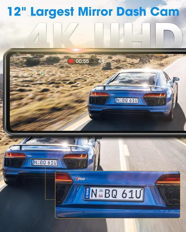 Alt view image 2 of 7 - WiFi 4K Rear View Mirror Camera 12" Mirror Dash Cam Front and Rear w 64G TF Card WDR & HDR Night Vision Loop Recording 24H Parking Assistance Rear View Mirror Dash Cam 2160P