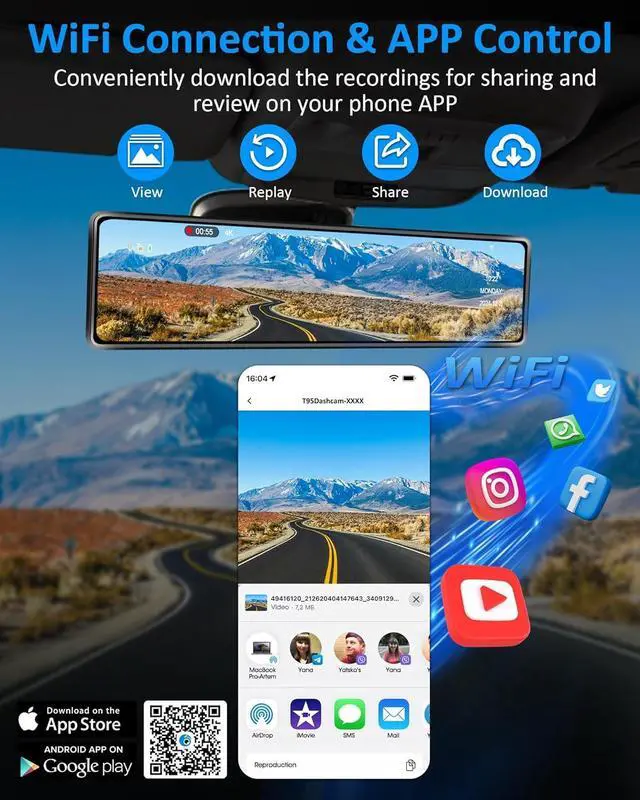 Alt view image 3 of 7 - WiFi 4K Rear View Mirror Camera 12" Mirror Dash Cam Front and Rear w 64G TF Card WDR & HDR Night Vision Loop Recording 24H Parking Assistance Rear View Mirror Dash Cam 2160P