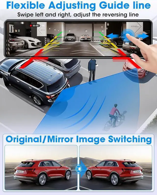 Alt view image 5 of 7 - WiFi 4K Rear View Mirror Camera 12" Mirror Dash Cam Front and Rear w 64G TF Card WDR & HDR Night Vision Loop Recording 24H Parking Assistance Rear View Mirror Dash Cam 2160P