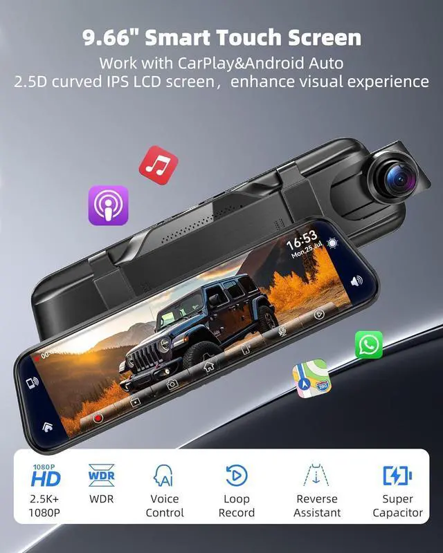 Alt view image 2 of 7 - 2.5K Mirror Dash Cam with Carplay&Android Auto,10" Rear View Mirror Camera for Cars/Trucks with Voice Control/ 64GB Card/Touch Screen/Parking Monitor/Reverse Assist/Dual Loop Record/WDR Tech
