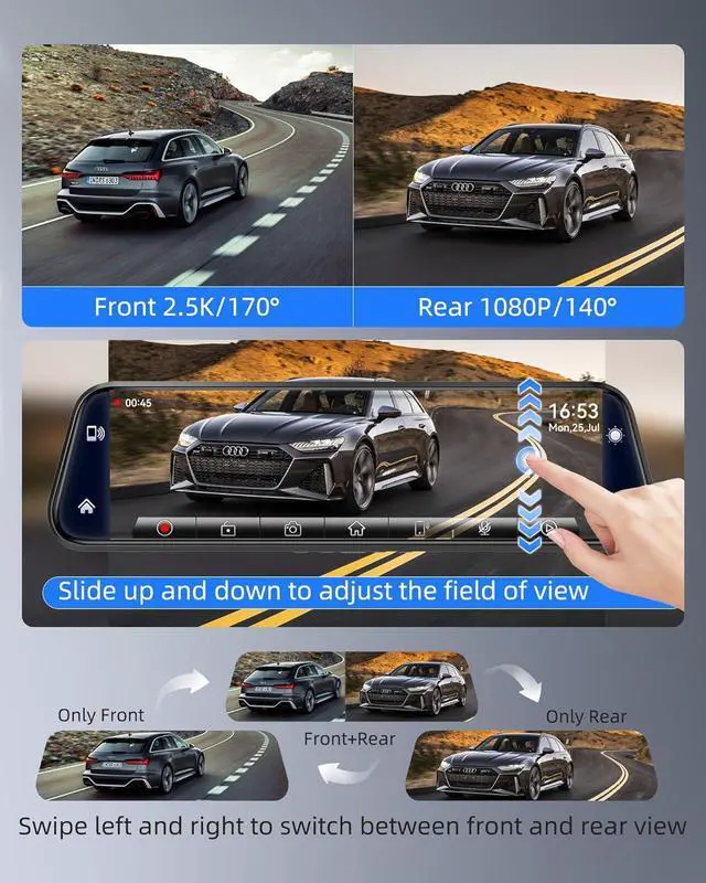 Alt view image 4 of 7 - 2.5K Mirror Dash Cam with Carplay&Android Auto,10" Rear View Mirror Camera for Cars/Trucks with Voice Control/ 64GB Card/Touch Screen/Parking Monitor/Reverse Assist/Dual Loop Record/WDR Tech