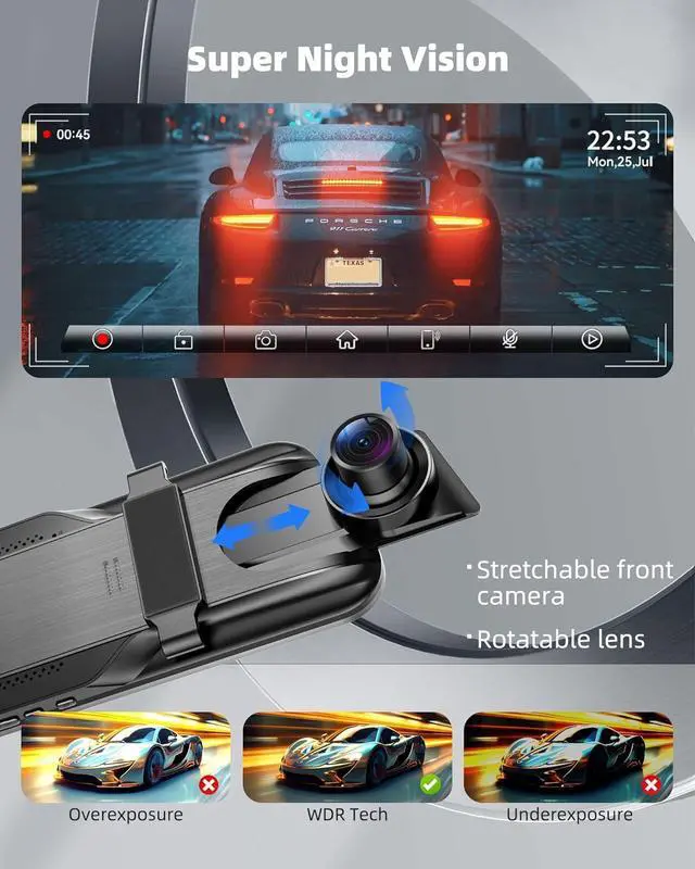Alt view image 3 of 7 - 2.5K Mirror Dash Cam with Carplay&Android Auto,10" Rear View Mirror Camera for Cars/Trucks with Voice Control/ 64GB Card/Touch Screen/Parking Monitor/Reverse Assist/Dual Loop Record/WDR Tech