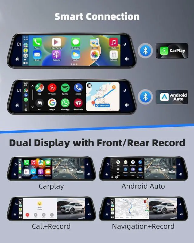 Alt view image 5 of 7 - 2.5K Mirror Dash Cam with Carplay&Android Auto,10" Rear View Mirror Camera for Cars/Trucks with Voice Control/ 64GB Card/Touch Screen/Parking Monitor/Reverse Assist/Dual Loop Record/WDR Tech