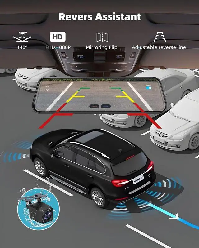 Alt view image 7 of 7 - 2.5K Mirror Dash Cam with Carplay&Android Auto,10" Rear View Mirror Camera for Cars/Trucks with Voice Control/ 64GB Card/Touch Screen/Parking Monitor/Reverse Assist/Dual Loop Record/WDR Tech