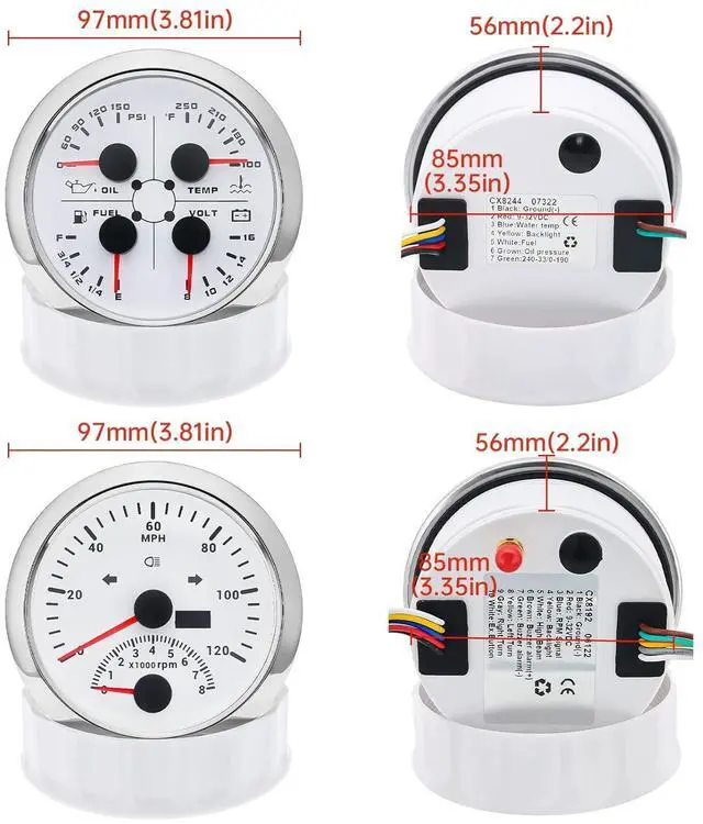 Alt view image 6 of 6 - GPS Speedometer Gauge Set - 2 in 1 GPS Speedometer with Tachometer, 4 in 1 Oil Pressure Water Temperature Fuel Level Voltage, AUTO Boat Gauges Set for Car Marine (White)