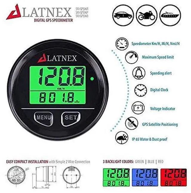 Alt view image 3 of 3 - GPS Speedometer Odometer Waterproof with Green/Red/Blue Digital Display Backlight. Universal Suitable ATV-UTV-Marine-Boats-Motorcycle-Automobile-Motor Vehicles-Bikes-Golf Carts (Black)