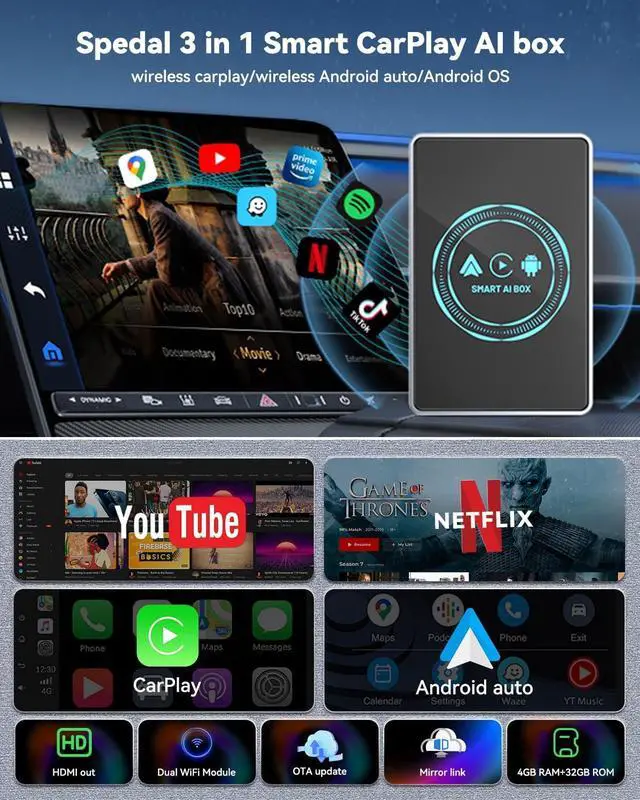 Alt view image 2 of 7 - CarPlay AI Box | Wireless CarPlay Adapter with Netflix & YouTube, 3-in-1 Smart Box, Car Video Player Support 4K, Dual-Band WiFi, HDMI Output | for Cars with Wired CarPlay