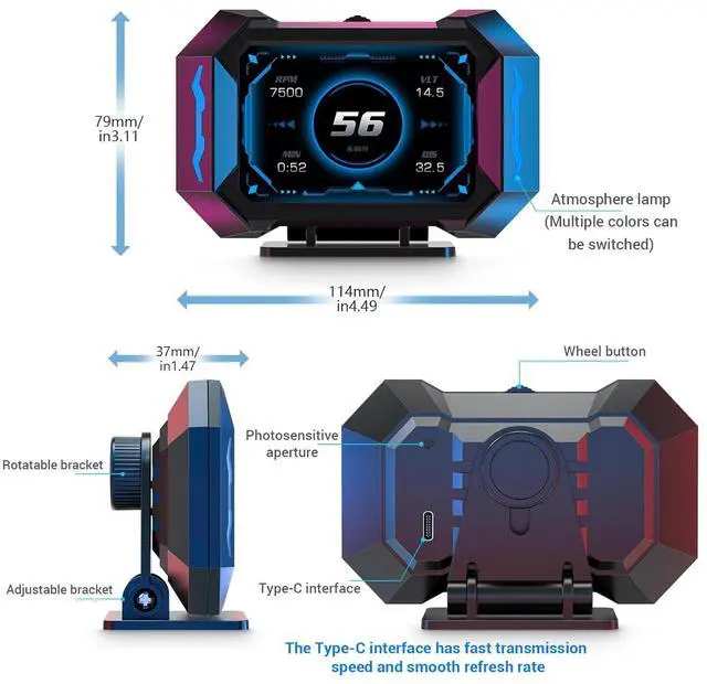 Alt view image 5 of 7 - OBD2 Gauge Car HUD Head Up Display Multifunction Digital,Car Speedometer Tachometer Water Temperature Oil Temperature Volt Inclinometer Boost Gauge RPM Meter fit for Most Vehicles After 2008