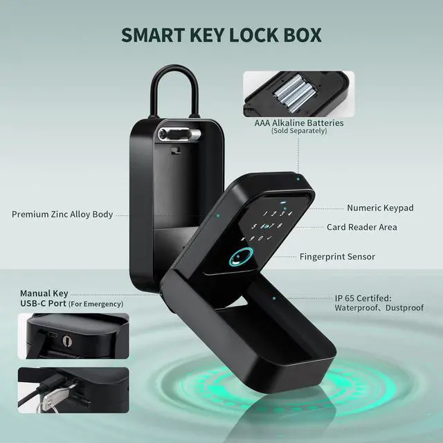 Alt view image 3 of 7 - Smart Key Lock Box, TTLock APP Control, Fingerprint, Manual Keys, Access Card, EKey and Passcode Unlock, Electronic Bluetooth Wireless Lock Box for Airbnb Realtor House Office