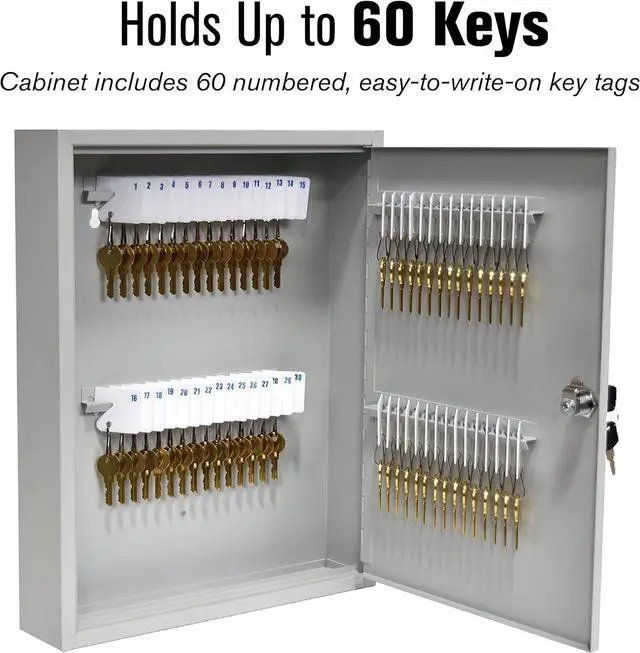 Alt view image 3 of 7 - Fort Knox Key Holder Cabinet - 60-Key Cabinet - 60 Easy-to-Write-On Key Tags - Piano Hinged Door - Standard Keyed Lock - Steel Construction - Key Lock Box