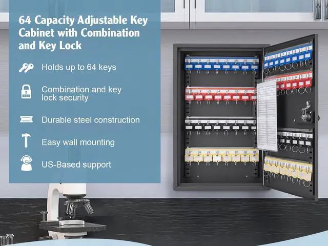Alt view image 3 of 7 - 64 Position Key Lock Box  Wall Mount Steel Key Cabinet with Numbered Hooks, Index Log, Colored Key Tags for Home or Office