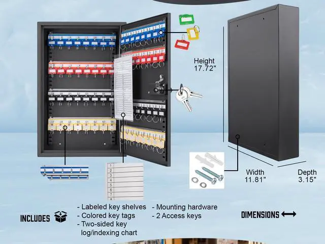 Alt view image 4 of 7 - 64 Position Key Lock Box  Wall Mount Steel Key Cabinet with Numbered Hooks, Index Log, Colored Key Tags for Home or Office