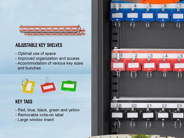 Alt view image 6 of 7 - 64 Position Key Lock Box  Wall Mount Steel Key Cabinet with Numbered Hooks, Index Log, Colored Key Tags for Home or Office