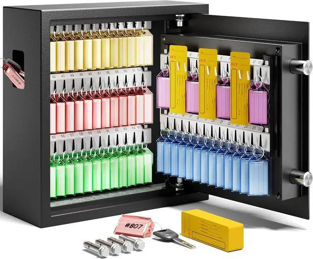 Main image of 64 Keys Electronic Key Lock Box Wall Mount with Code, Key Cabinet with Deposit Key Slot, Adjust Key Organizer with Led Light