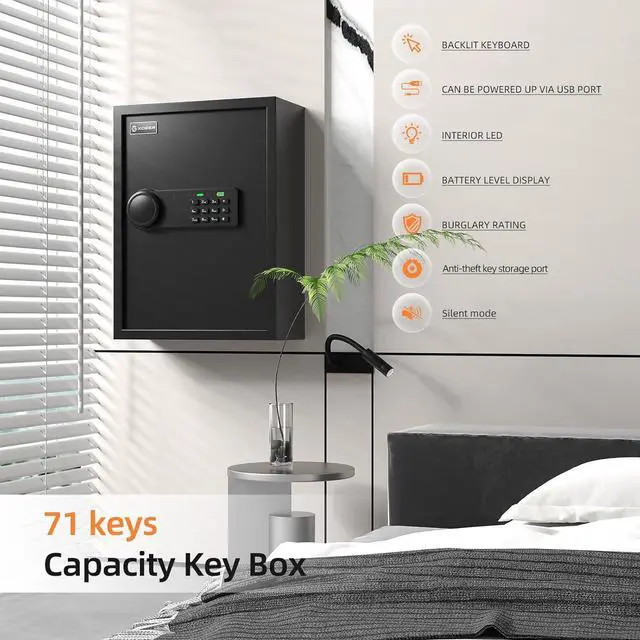 Alt view image 3 of 7 - 71 Keys Key Lock Box Wall Mount with Advanced Anti-Theft Deposit Key Slot & LED Light, Key Cabinet with Combo and Key Lock, Key Safe for Hotels & Office & Companies & Car Dealerships