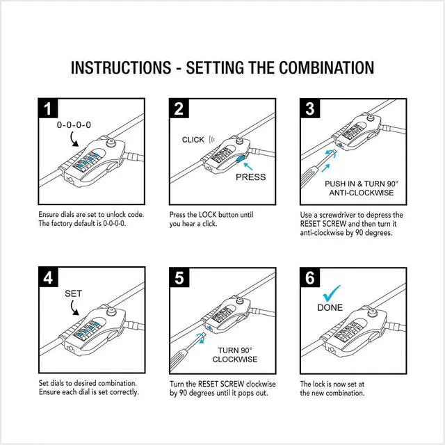 Alt view image 5 of 6 - Compact and Thin Bike Lock, Ultra-Secure Compact 4-Digit Combination Sliding Lock with 2 Metre Length Cable for Bike, Ski, Snowboard, Scooter and Pushchair, Silver