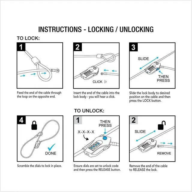 Alt view image 6 of 6 - Compact and Thin Bike Lock, Ultra-Secure Compact 4-Digit Combination Sliding Lock with 2 Metre Length Cable for Bike, Ski, Snowboard, Scooter and Pushchair, Silver