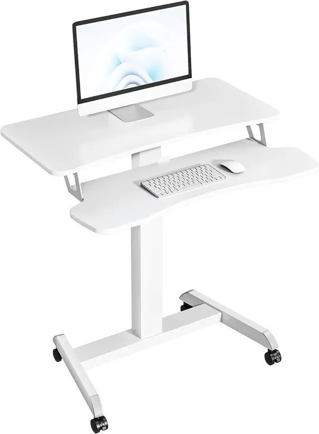Main image of Standing Rolling Desk-Height Adjsutable up to 47.2' Rolling Podium for Teachers, 31.2'× 27.5' Dual Tier Sanding Desk for Classroom, Moveable Laptop Cart, Teacher Podium with Wheels, White