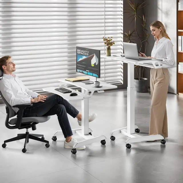 Alt view image 2 of 7 - Standing Rolling Desk-Height Adjsutable up to 47.2' Rolling Podium for Teachers, 31.2'× 27.5' Dual Tier Sanding Desk for Classroom, Moveable Laptop Cart, Teacher Podium with Wheels, White