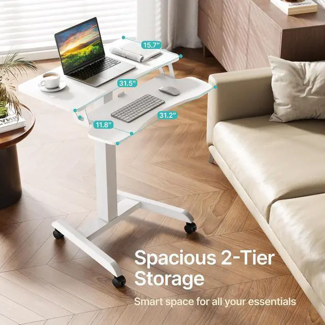Alt view image 4 of 7 - Standing Rolling Desk-Height Adjsutable up to 47.2' Rolling Podium for Teachers, 31.2'× 27.5' Dual Tier Sanding Desk for Classroom, Moveable Laptop Cart, Teacher Podium with Wheels, White