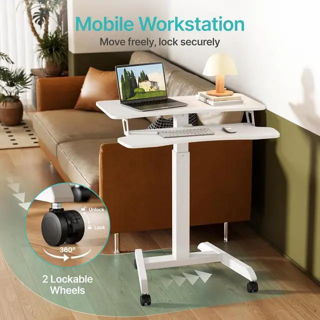 Alt view image 7 of 7 - Standing Rolling Desk-Height Adjsutable up to 47.2' Rolling Podium for Teachers, 31.2'× 27.5' Dual Tier Sanding Desk for Classroom, Moveable Laptop Cart, Teacher Podium with Wheels, White