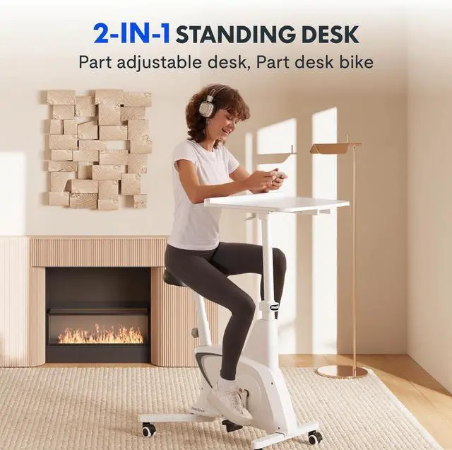 Alt view image 3 of 7 - 3-in-1 Small Standing Desk Adjustable Height Movable Rolling Desks Laptop Desks Workstation with Integrated Pedal Exerciser Wide Seat, Desk for Home Office Corner Small Space, White