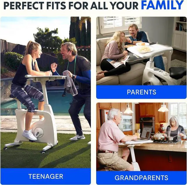 Alt view image 6 of 7 - 3-in-1 Small Standing Desk Adjustable Height Movable Rolling Desks Laptop Desks Workstation with Integrated Pedal Exerciser Wide Seat, Desk for Home Office Corner Small Space, White