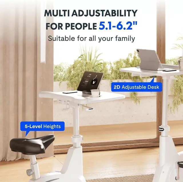 Alt view image 4 of 7 - 3-in-1 Small Standing Desk Adjustable Height Movable Rolling Desks Laptop Desks Workstation with Integrated Pedal Exerciser Wide Seat, Desk for Home Office Corner Small Space, White