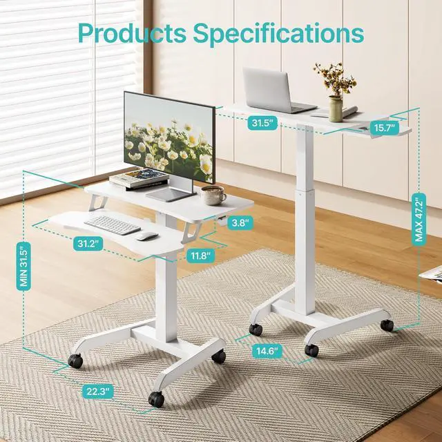Alt view image 3 of 7 - Standing Rolling Desk-Height Adjsutable up to 47.2' Rolling Podium for Teachers, 31.2'× 27.5' Dual Tier Sanding Desk for Classroom, Moveable Laptop Cart, Teacher Podium with Wheels, White