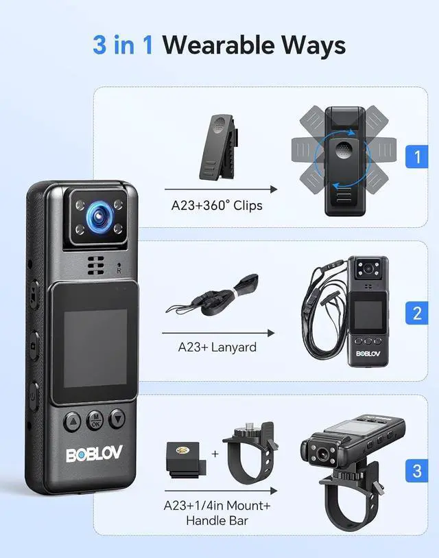 Alt view image 3 of 7 - Body Camera with Video and Audio Recording 256G A23 Compact Bodycam up to 9 Hours Long Battery Life -360°Clips and Night Vision for Bike, Hiking, Walking Easy-to-Use