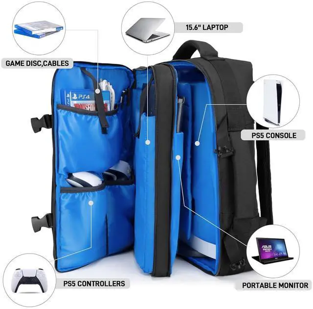 Alt view image 2 of 7 - Travel Backpack Compatible with PS5/PS5 Slim/PS5 Pro Console, Protective Carrying Case Bag for Controllers, 15.6 Laptop, Game Discs (Patent Design)