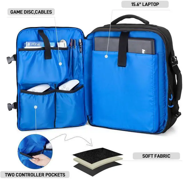 Alt view image 3 of 7 - Travel Backpack Compatible with PS5/PS5 Slim/PS5 Pro Console, Protective Carrying Case Bag for Controllers, 15.6 Laptop, Game Discs (Patent Design)