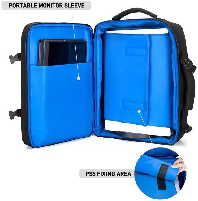 Alt view image 4 of 7 - Travel Backpack Compatible with PS5/PS5 Slim/PS5 Pro Console, Protective Carrying Case Bag for Controllers, 15.6 Laptop, Game Discs (Patent Design)