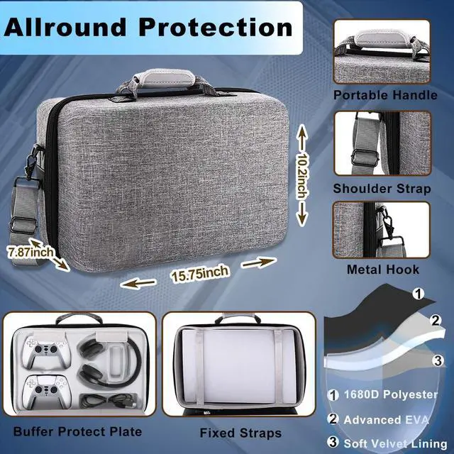 Alt view image 3 of 7 - Hard Shell Carrying Case for PS5, Portable Protective Travel Case for PS5, Large Capacity Storage Bag for  5 Compatible for Console Controller,Disk Headset Base (Grey)