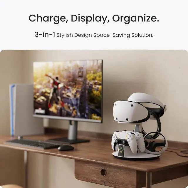 Alt view image 2 of 7 - D2 3-in-1 Controller Charging Station for PSVR2 and PS5 with VR Display Stand and LED-Charging Indicator