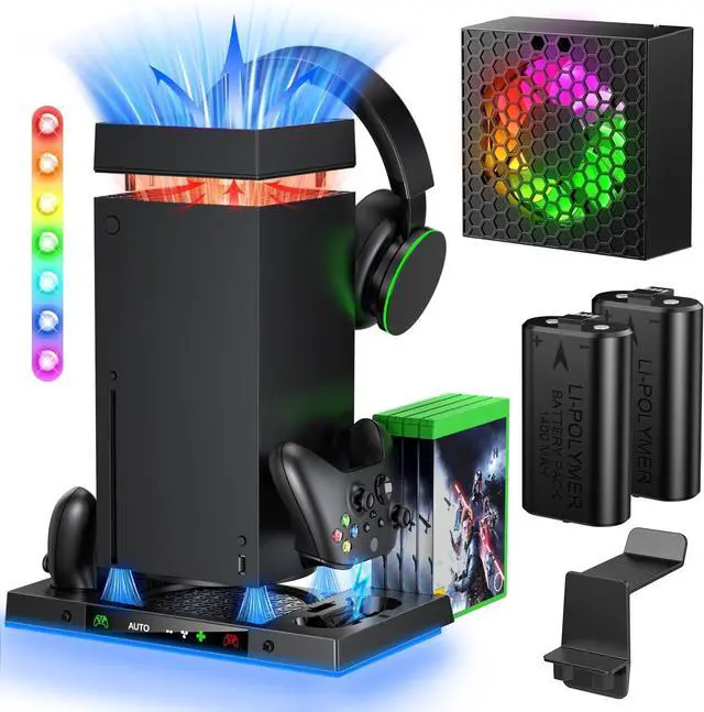 Main image of AI Auto Cooling Fan with Charging Stand Accessories for Xbox Series X with High Power, Wireless Dual Charger Station for Xbox X Controller, 2*1400mAh Rechargeable Batteries, Disc Game Storage