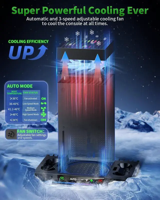 Alt view image 2 of 7 - AI Auto Cooling Fan with Charging Stand Accessories for Xbox Series X with High Power, Wireless Dual Charger Station for Xbox X Controller, 2*1400mAh Rechargeable Batteries, Disc Game Storage