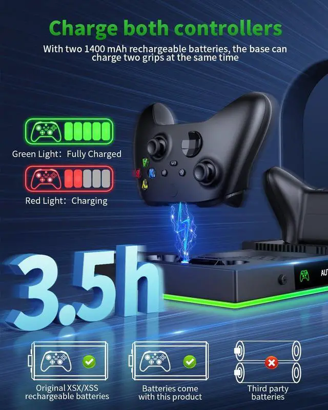 Alt view image 4 of 7 - AI Auto Cooling Fan with Charging Stand Accessories for Xbox Series X with High Power, Wireless Dual Charger Station for Xbox X Controller, 2*1400mAh Rechargeable Batteries, Disc Game Storage