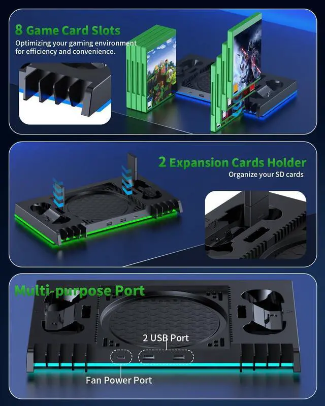 Alt view image 6 of 7 - AI Auto Cooling Fan with Charging Stand Accessories for Xbox Series X with High Power, Wireless Dual Charger Station for Xbox X Controller, 2*1400mAh Rechargeable Batteries, Disc Game Storage