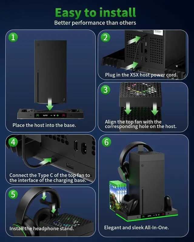 Alt view image 7 of 7 - AI Auto Cooling Fan with Charging Stand Accessories for Xbox Series X with High Power, Wireless Dual Charger Station for Xbox X Controller, 2*1400mAh Rechargeable Batteries, Disc Game Storage