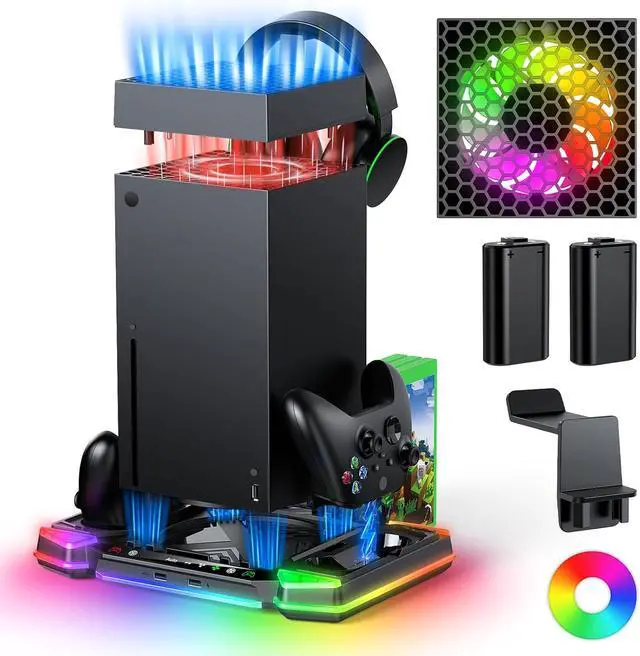 Main image of Top Auto Cooling Fan & Charge Stand for Xbox Series X Console with 11 Light Modes, Accessories Controller Wireless Charger Dock, 2 * 1400mAh Rechargeable Batteries, Headset Stand & Game Disc Storage
