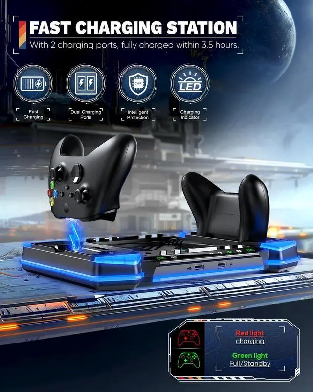 Alt view image 4 of 7 - Top Auto Cooling Fan & Charge Stand for Xbox Series X Console with 11 Light Modes, Accessories Controller Wireless Charger Dock, 2 * 1400mAh Rechargeable Batteries, Headset Stand & Game Disc Storage