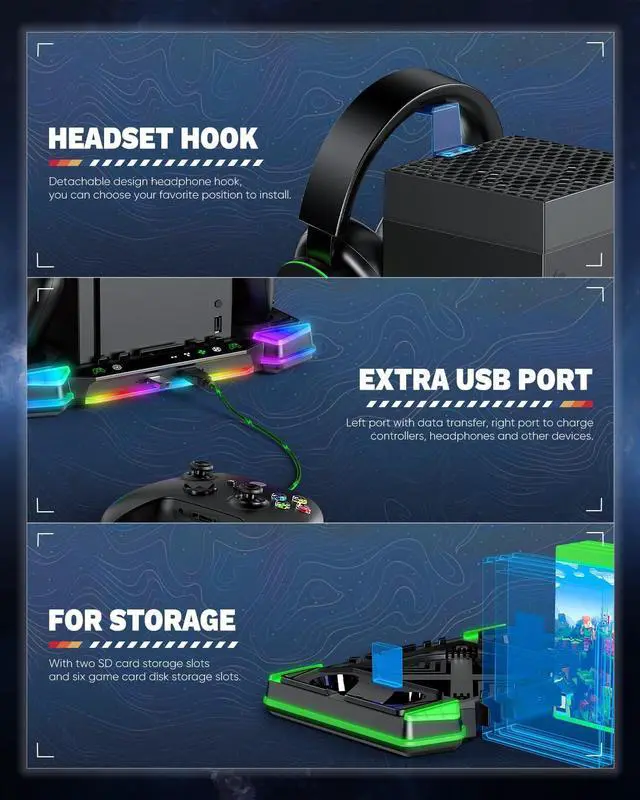 Alt view image 6 of 7 - Top Auto Cooling Fan & Charge Stand for Xbox Series X Console with 11 Light Modes, Accessories Controller Wireless Charger Dock, 2 * 1400mAh Rechargeable Batteries, Headset Stand & Game Disc Storage