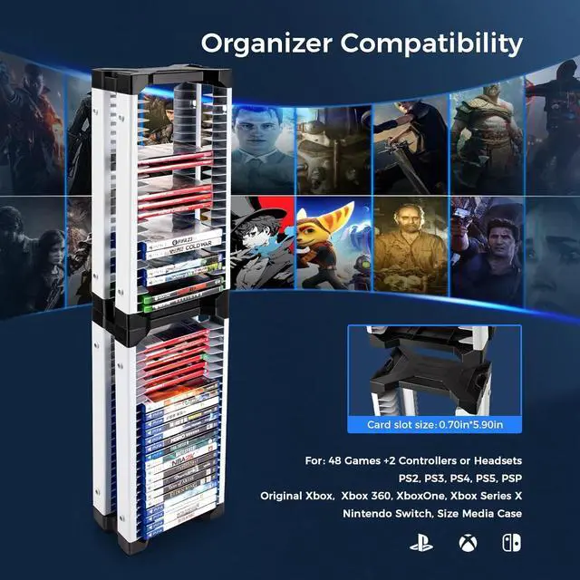 Alt view image 2 of 7 - Game Storage Tower - 48 Games Video Game Organizer & Holder with 2 Controller Hooks, Universal Video Game Storage Compatible with PS5/PS4/Xbox/Switch46