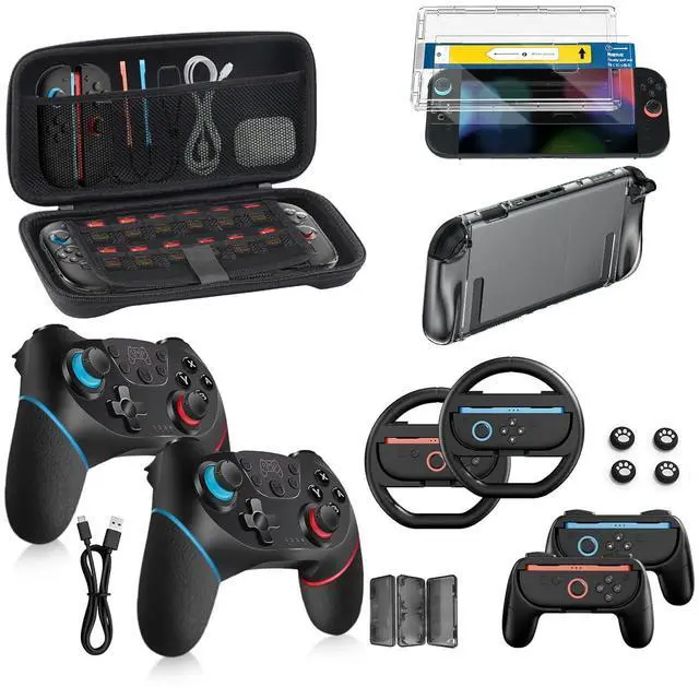 Main image of Switch 2 Accessories Bundle for Nintendo 17-in-1: 2 Pro Controllers, Dockable Carrying Case, Screen Protector, Thumb Grip for Joycon Console Protective Cover Shell Steering Wheel 2025 Switch2 Game Kit