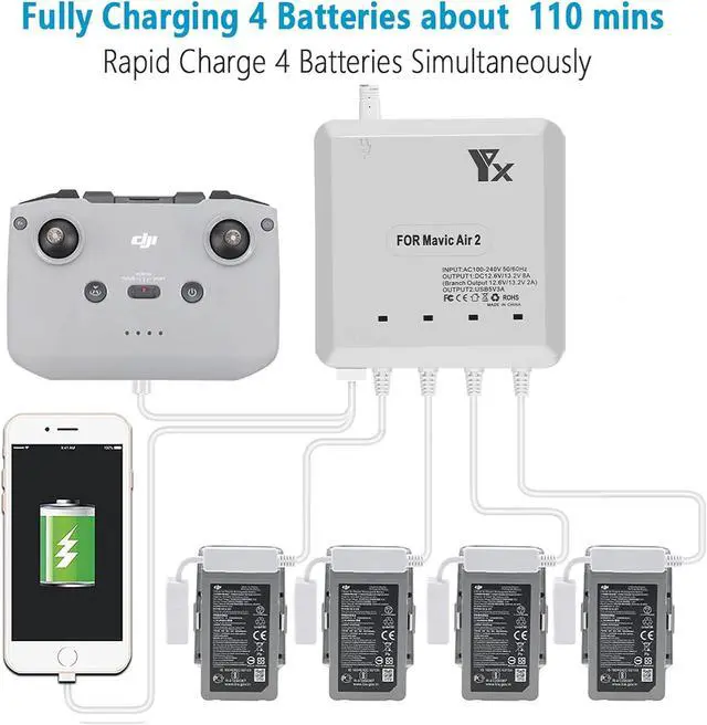 Alt view image 2 of 7 - Battery Charger forAir 2S,Mavic Air 2 Drone,6 in 1 Rapid Multi Charging Hub,Simultaneous Charge 4 Batteries and Remote Controller